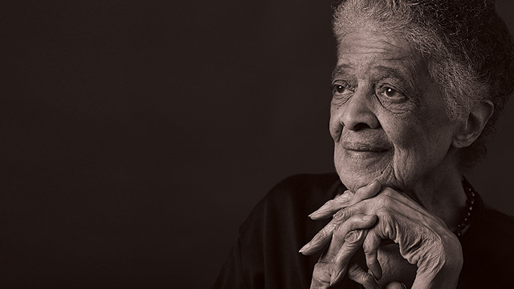 Black and white portrait of an elderly Vel Phillips.