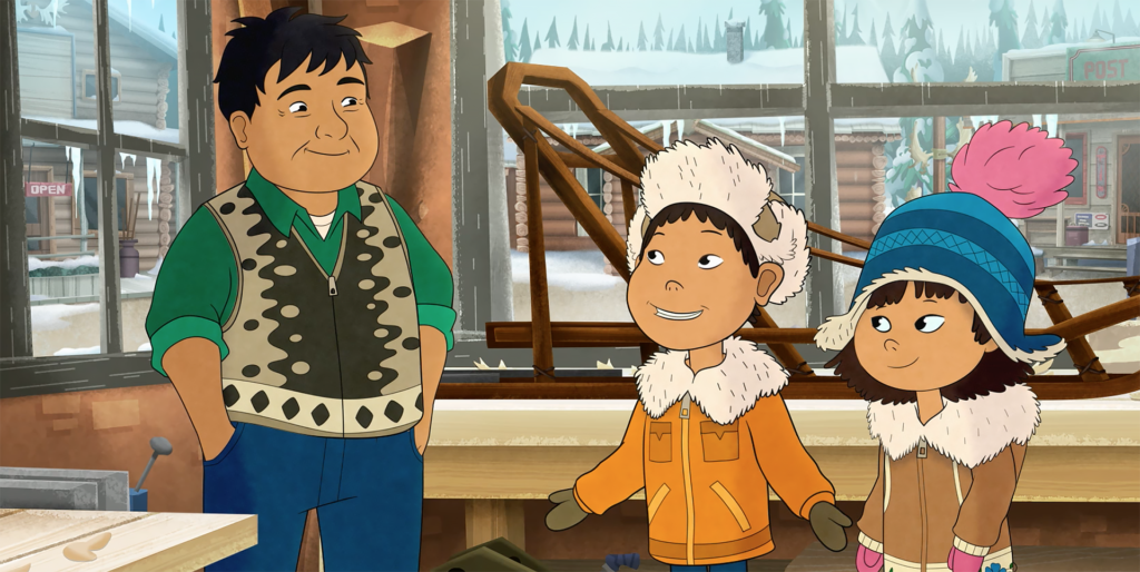 Illustration of characters from PBS KIDS series Molly of Denali standing inside together.