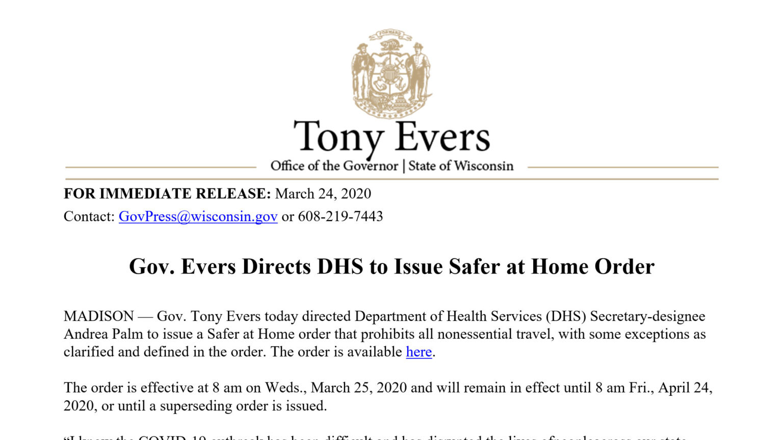 Update: Evers Issues ‘Safer at Home’ Order