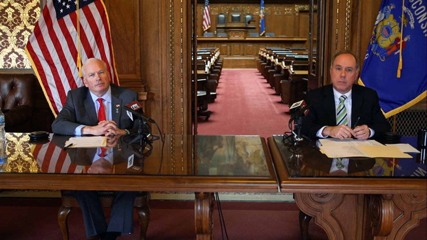 Senate Majority Leader Scott Fitzgerald and Assembly Speaker Robin Vos on a March 25, 2020 call with reporters. 