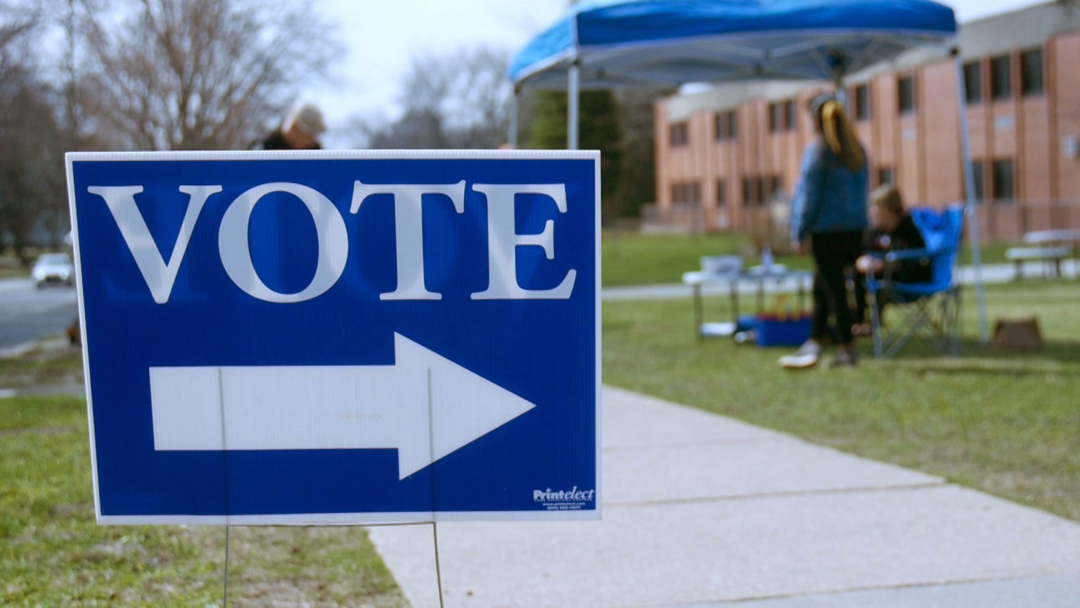 A sign outside Midvale Elementary in Madison showing voters where to cast their ballots April 7, 2020. 