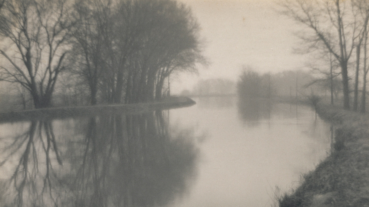 black and white photo print of tree-lined stream in fog