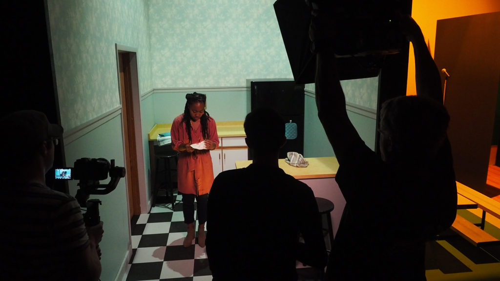 Zhalarina Sanders and film crew on set of The Light