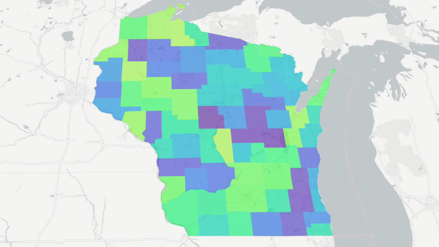 Choropleth map of Wisconsin showing each county sorted by name.