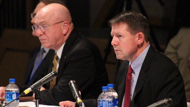 UW-System President Ray Cross (left) and former UW-Board of Regents President John Behling (right) hear testimony during the board's October 2017 meeting. (Courtesy: Rich Kremer / WPR)