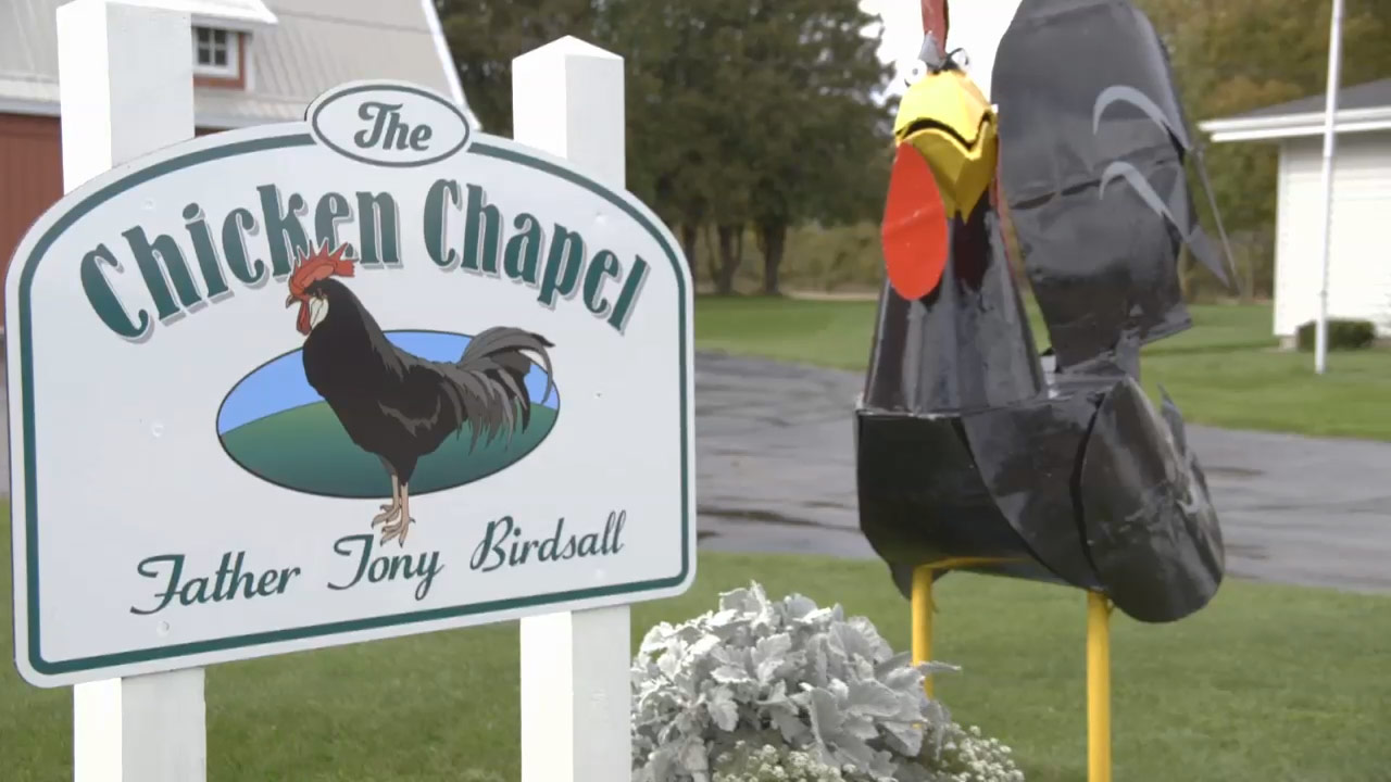 Sign that reads Chicken Chapel, Father Tony Birdsall