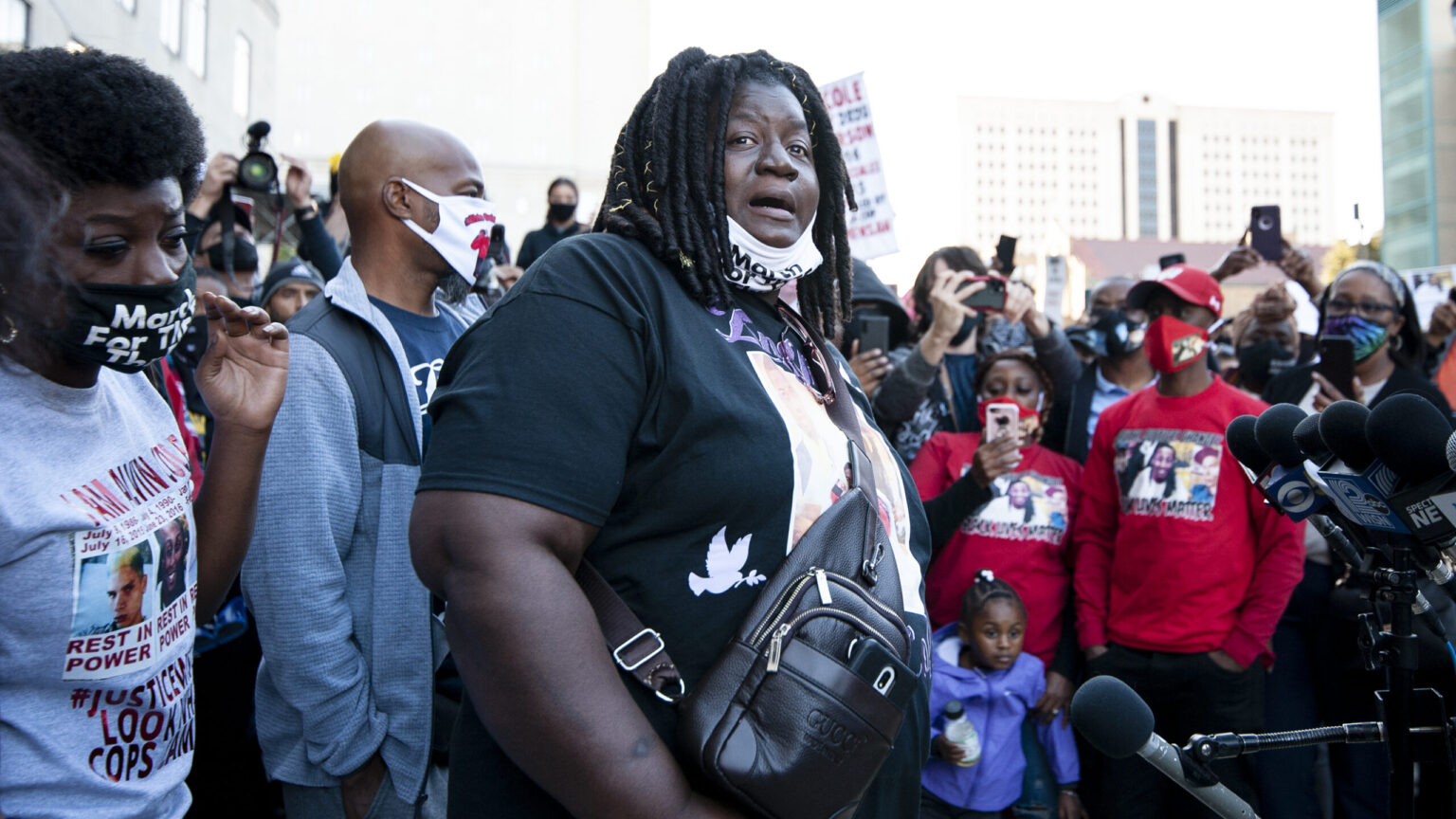 Alvin Cole’s mother Tracy Cole speaks to protesters Wednesday, Oct. 7, 2020, outside of the Milwaukee County Safety Building. (Courtesy: Angela Major / WPR)