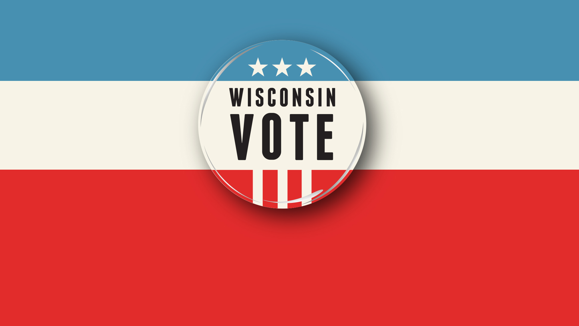 An illustration in red white and blue of a lapel button that says "Wisconsin Vote"