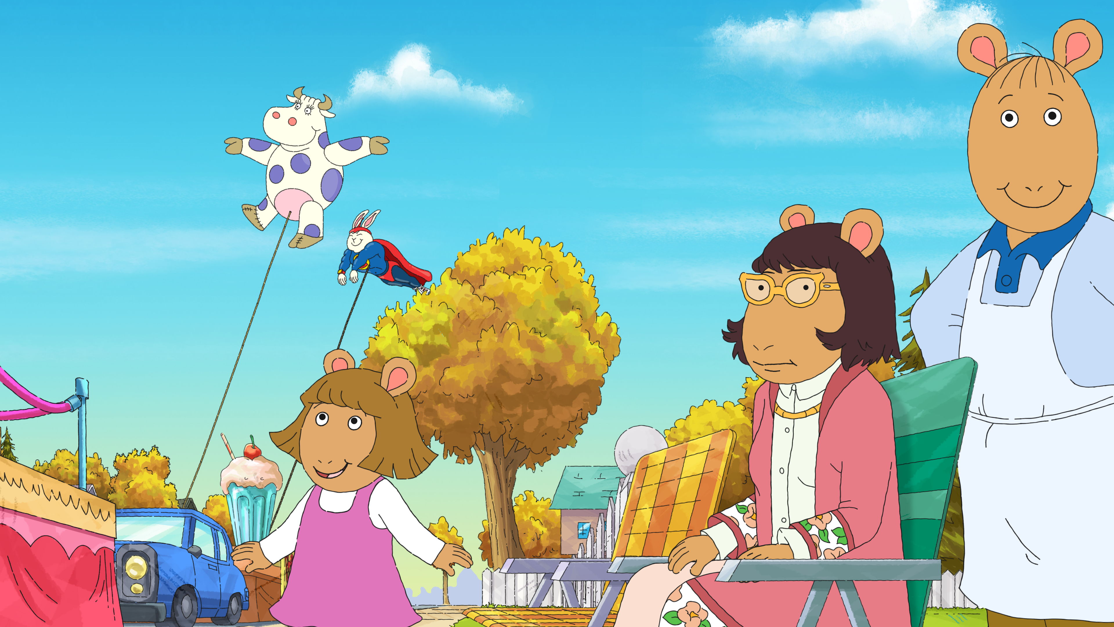 Arthur cartoon characters looking at balloon in sky