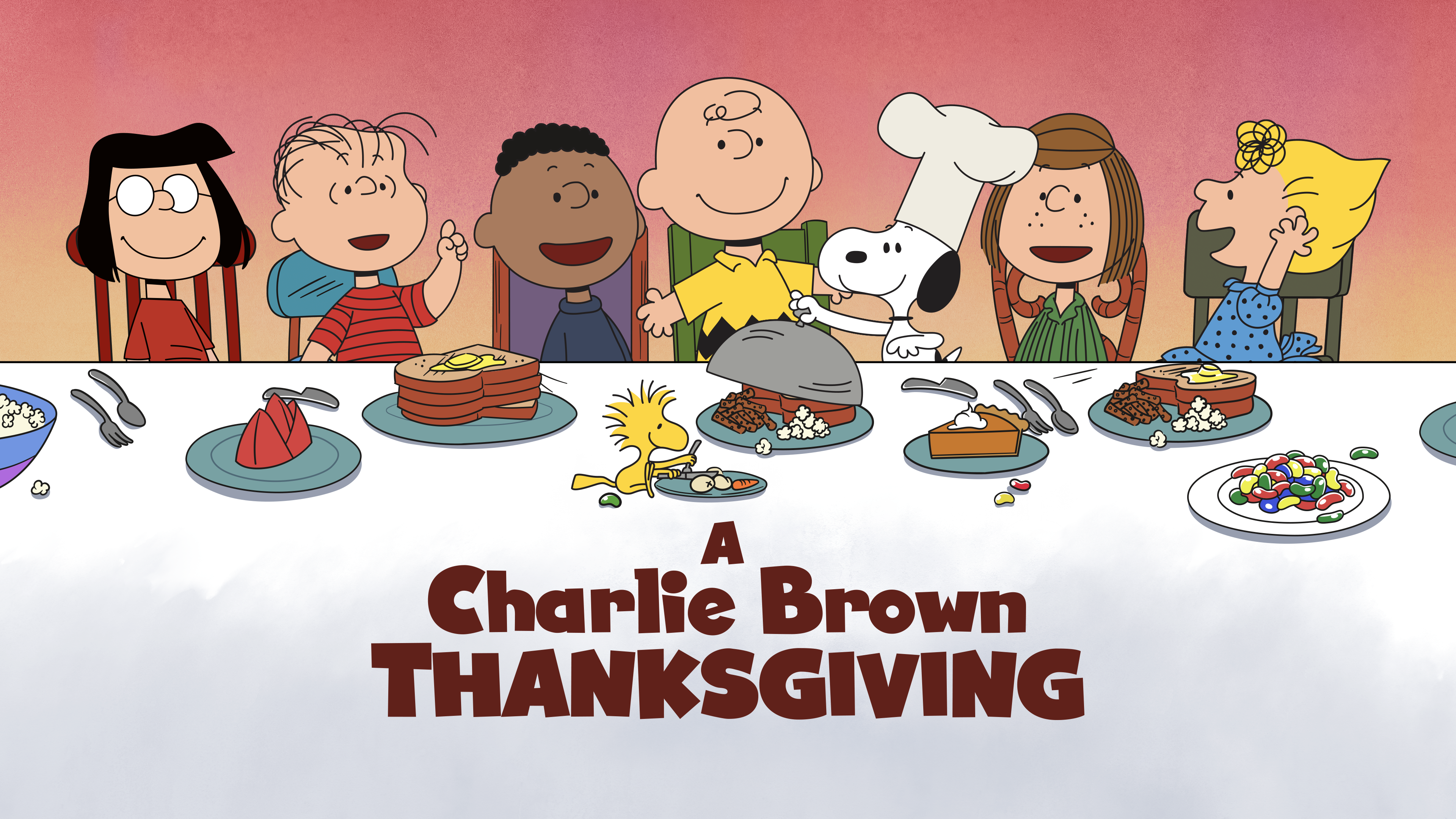 Charlie Brown and Peanuts cartoon characters with turkey