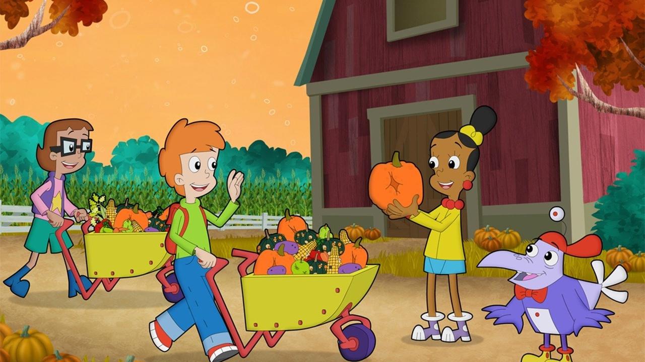 cartoon characters with wheelbarrow of pumpkins