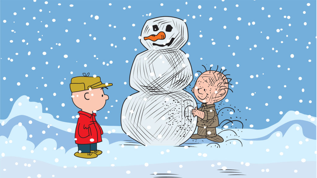 cartoon illustration of two boys with a snowman