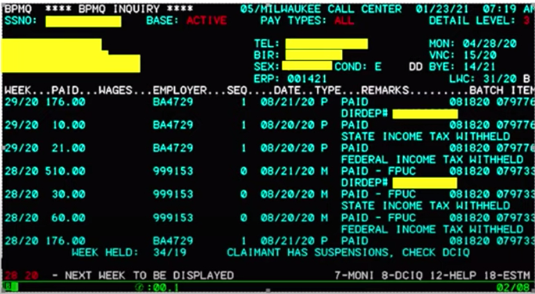 screenshot of Wisconsin's unemployment claim software