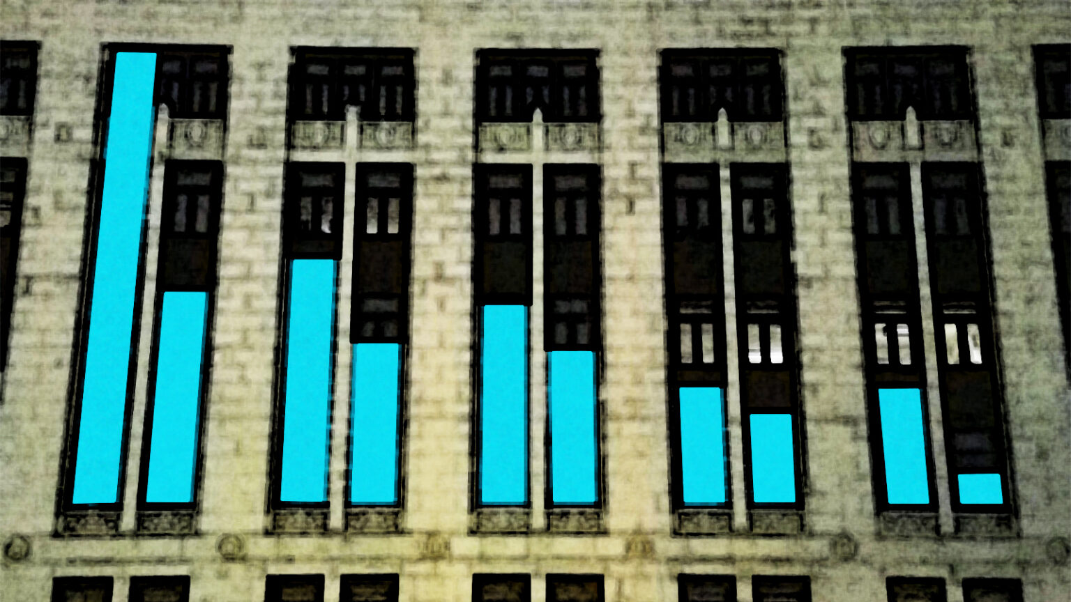 An illustration of a bar chart with a declining slope superimposed over the facade of the Wisconsin Department of Health Services building in Madison