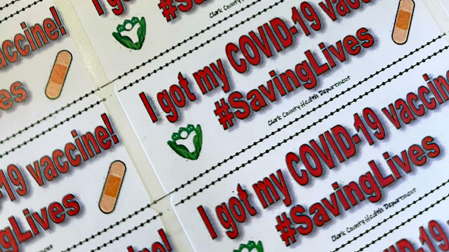 Bumper stickers reading I got me COVID-19 vaccine #SavingLives shared by the Clark County Health Department