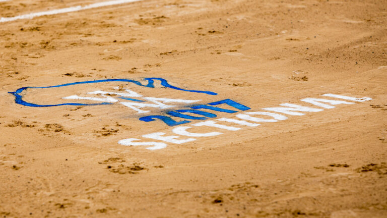 A WIAA 2017 Sectional stencil on the infield dirt of a softball field in Watertown