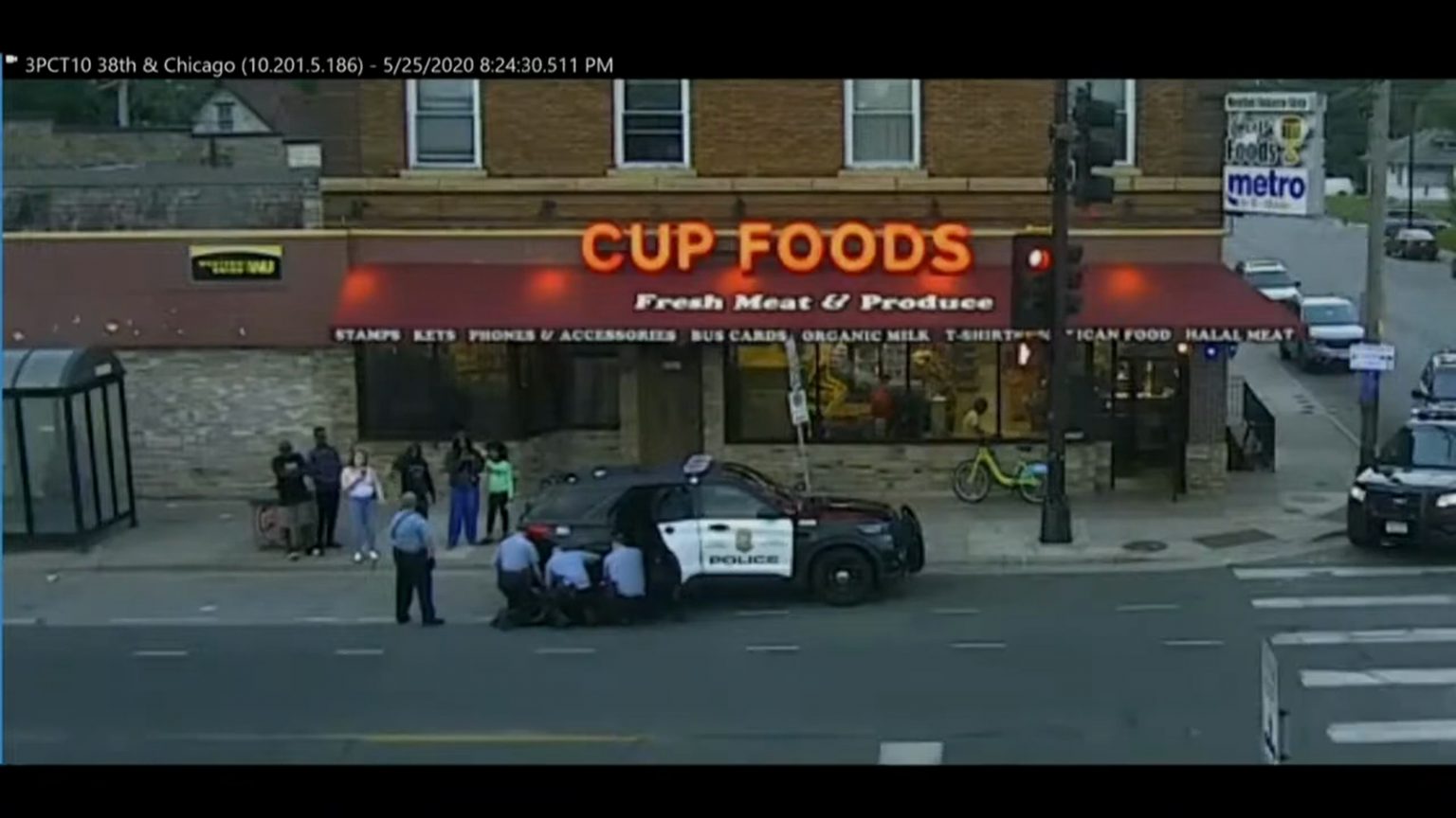 Screenshot of surveillance footage of Minneapolis police officer Derek Chauvin kneeling on George Floyd on May 25, 2020