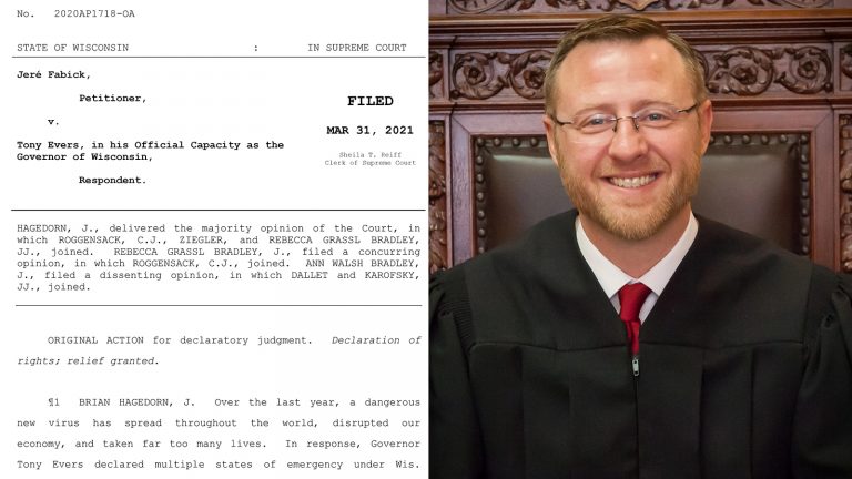 Collage of the title page of the Wisconsin Supreme Court ruling in Fabick v. Evers and portait of Justice Brian Hagedorn