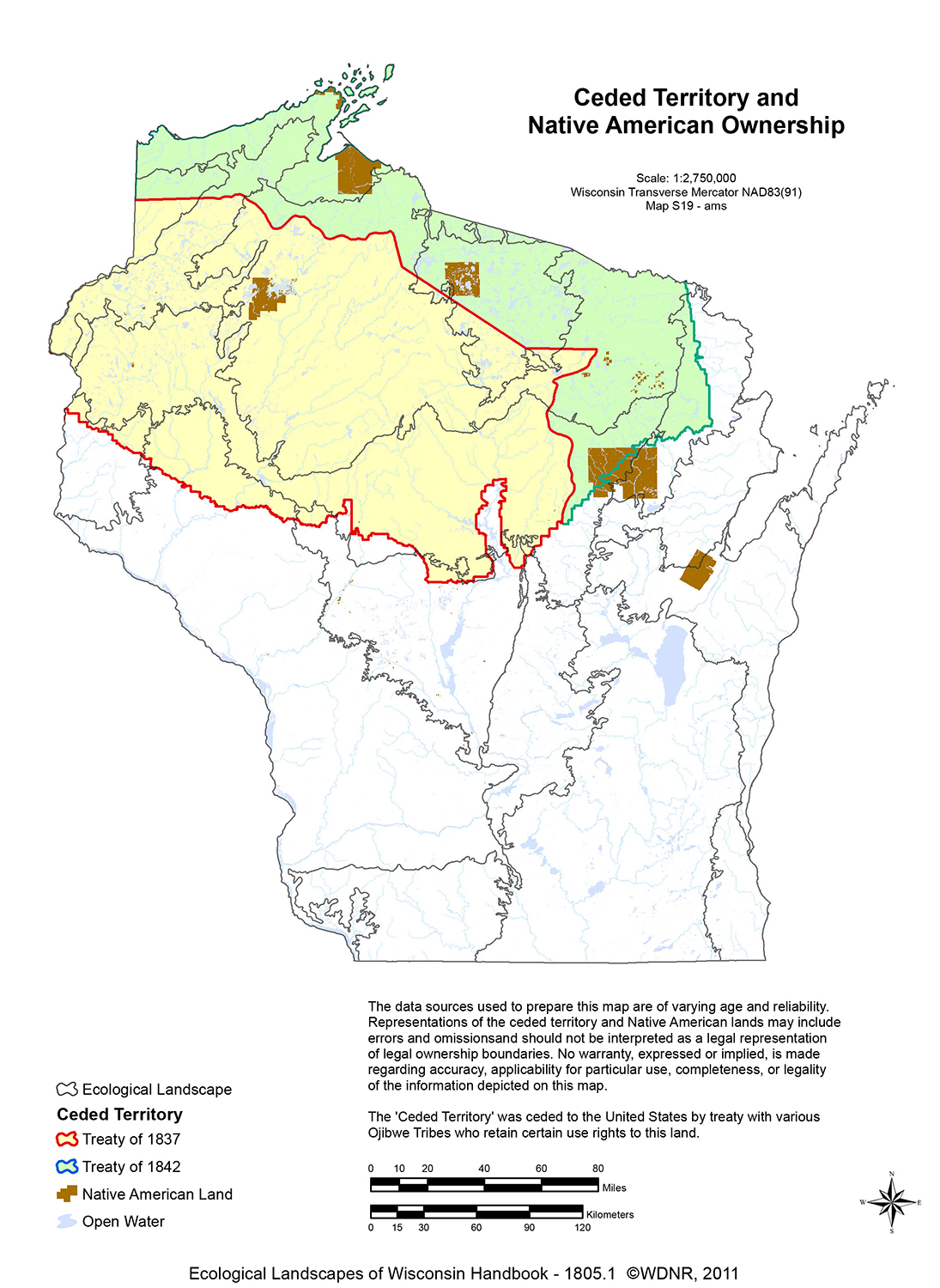 A map of ceded territory and Native American lands in northern Wisconsin