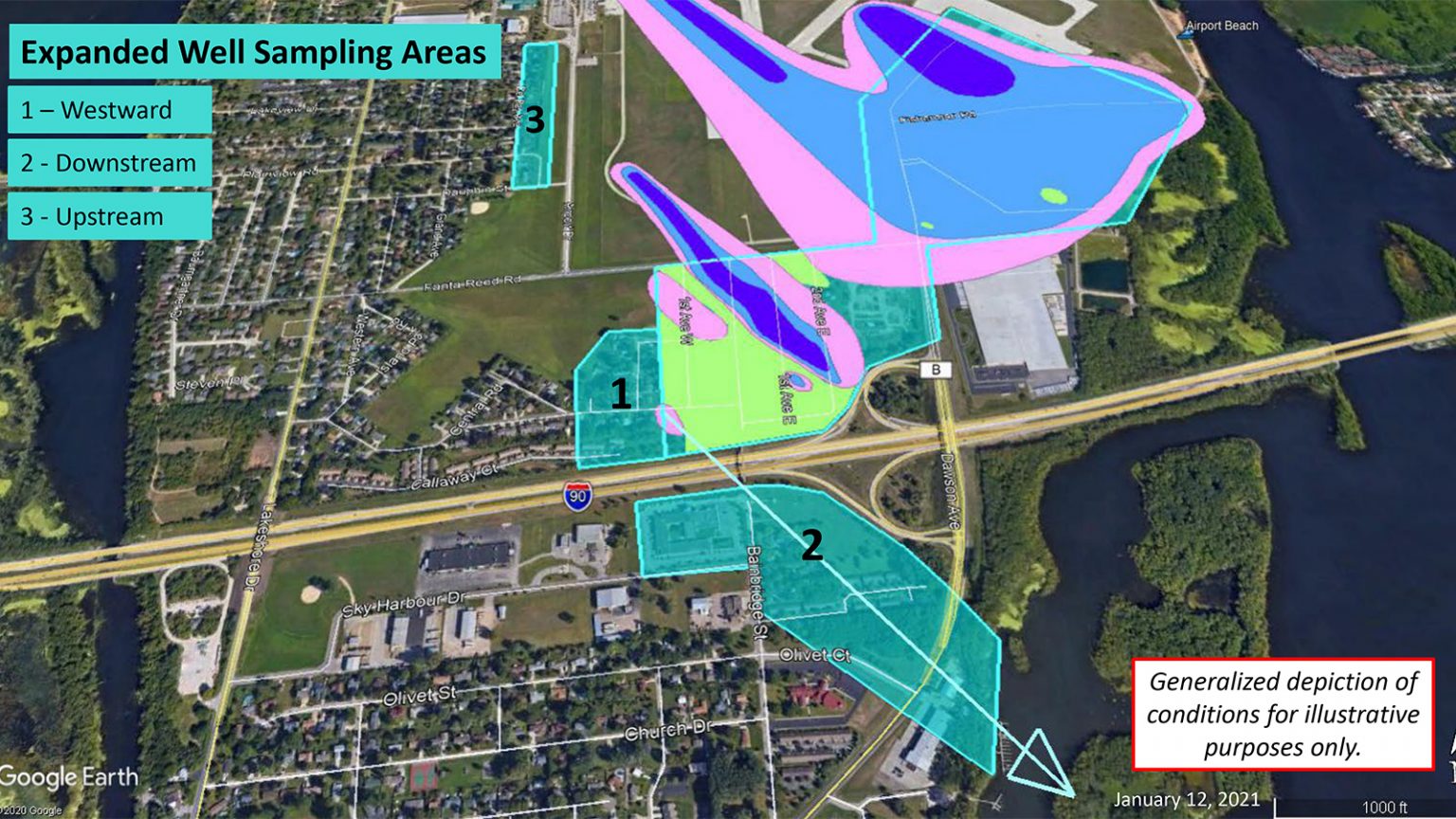 Map of water well sampling areas for PFAS contamination near the La Crosse airport