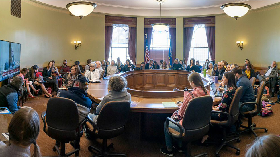 Twitter photo by Melissa Agard of a Wisconsin Capitol overflow room filled for a public bill hearing on March 3, 2021