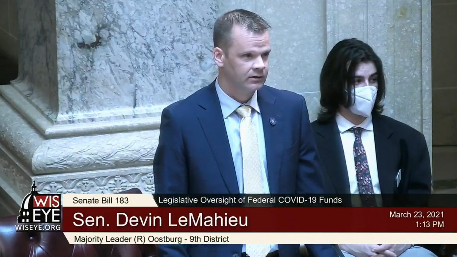 A WisconsinEye screenshot of Wisconsin Senate Majority Leader Devin LeMahieu speaking in a legislative session.