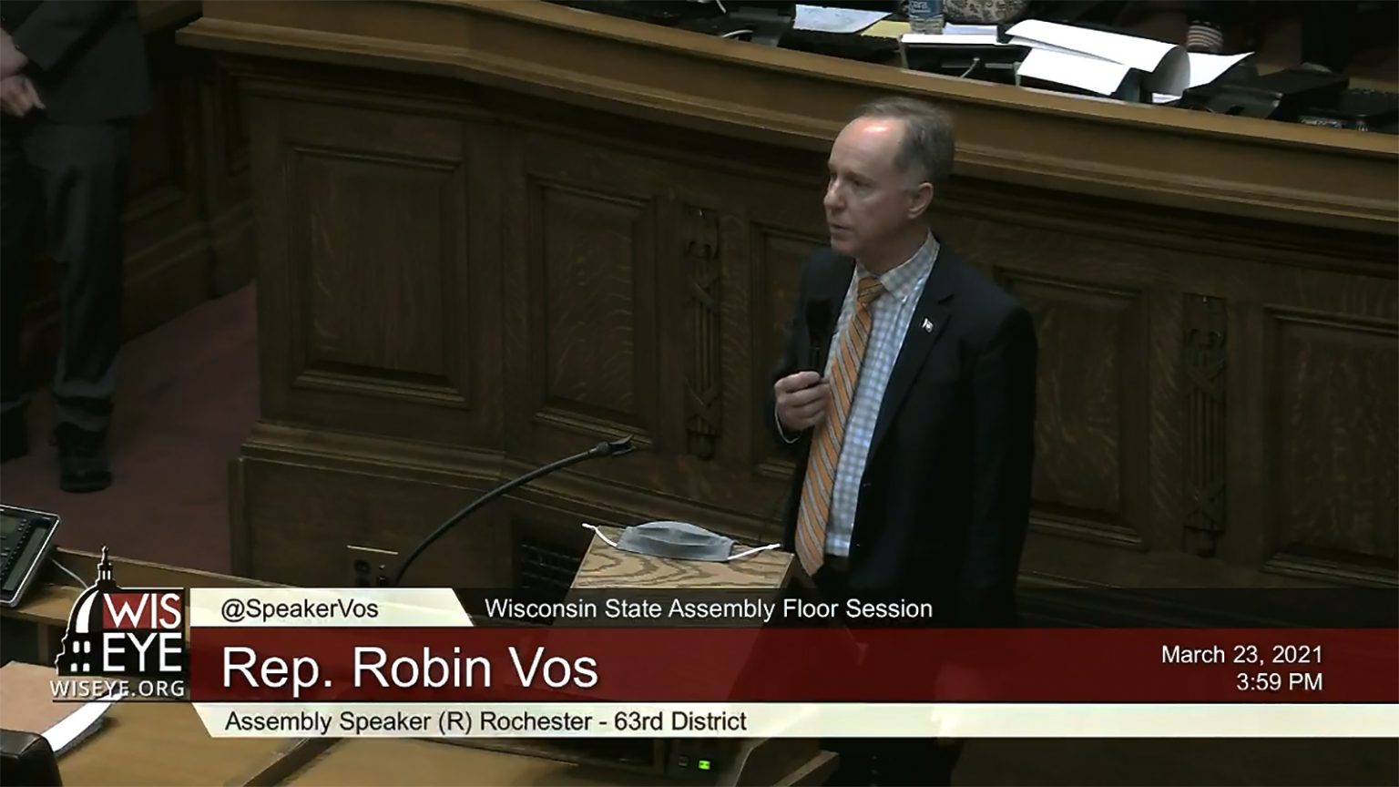 A WisconsinEye screenshot of Wisconsin Assembly Speaker Robin Vos speaking in a legislative session.