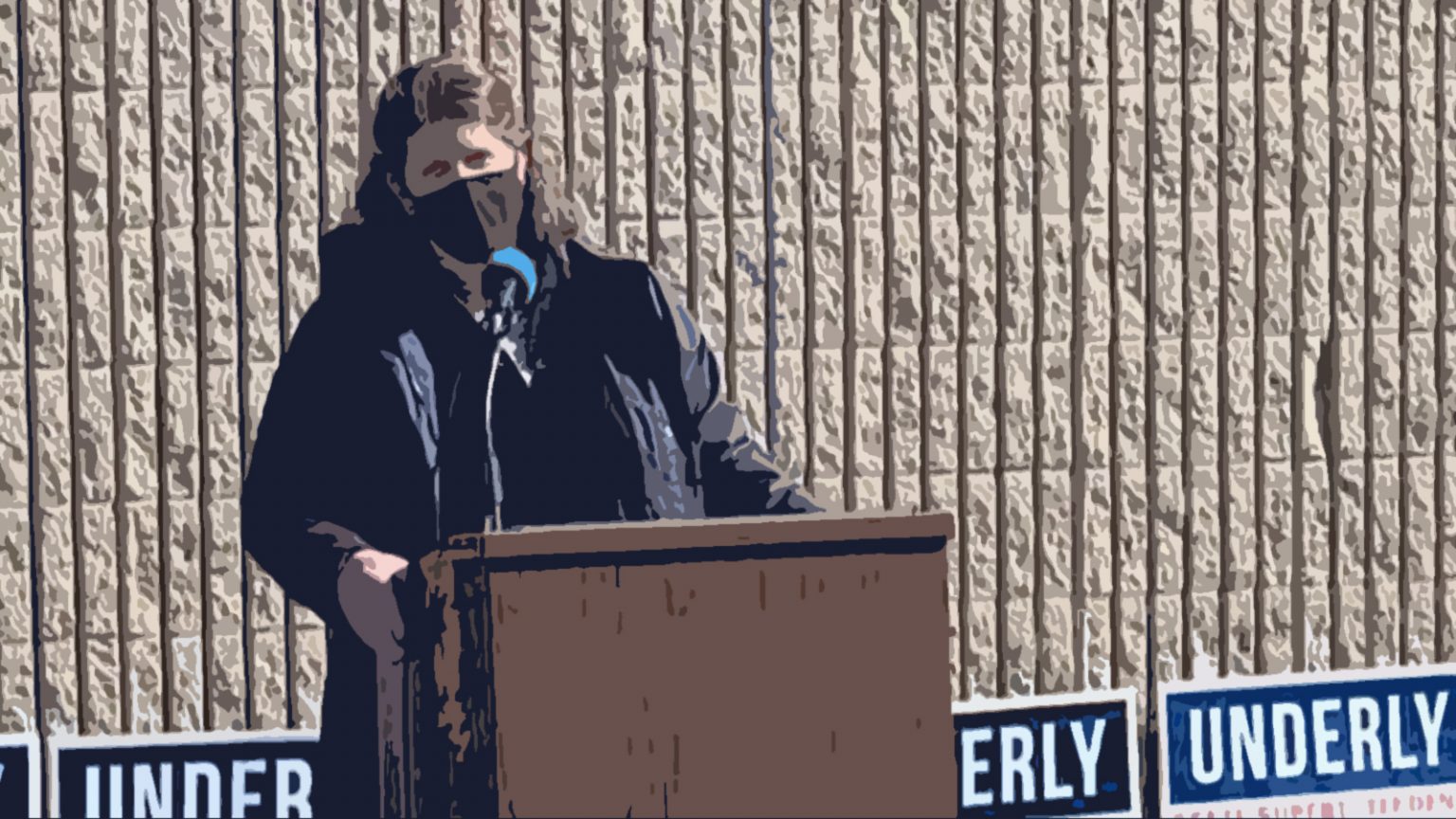 Poster-style illustration of Jill Underly speaking at podium