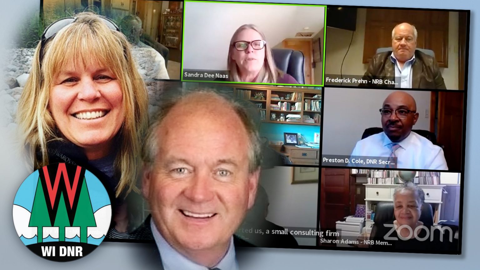 A collage showing portaits of Sandra Naas and Fred Prehn with a Wisconsin DNR logo and screenshot of a Wisconsin Natural Resources Board online meeting