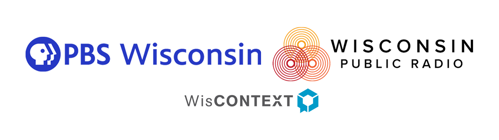 Logos of PBS Wisconsin, Wisconsin Public Radio and WisContext