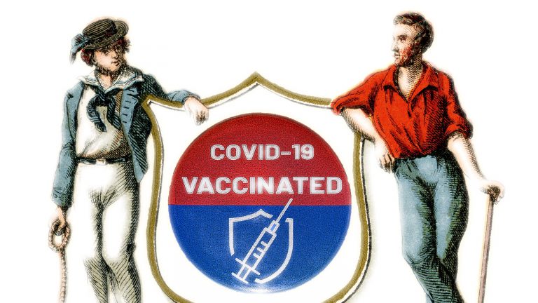An illustration with two figures from the Wisconsin coat of arms leaning on a shield with a button reading COVID-19 vaccinated.