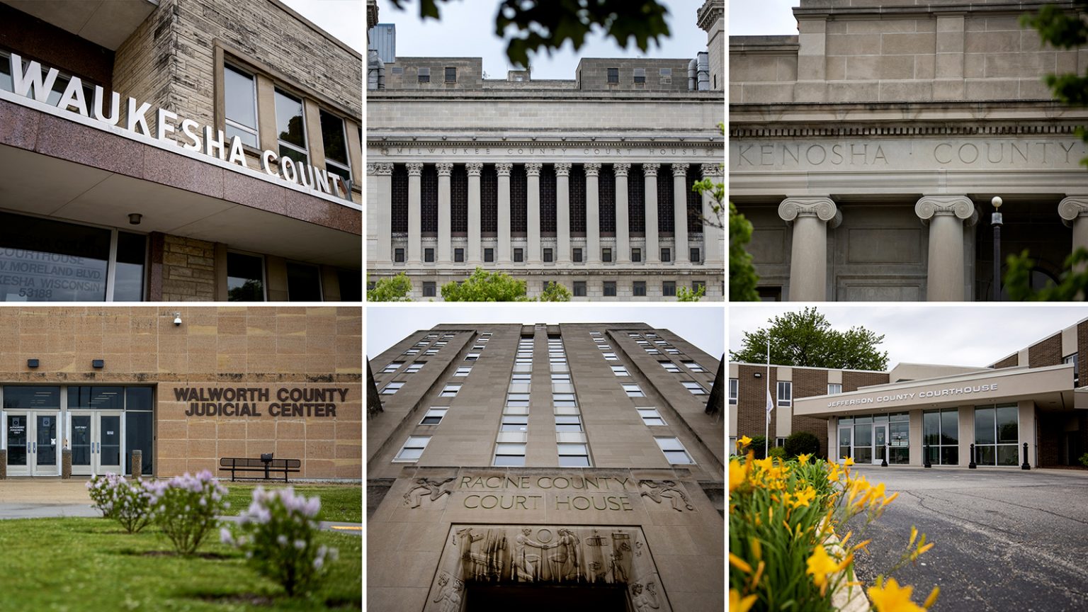 Collage of photos of front facade of six county courthouses in Wisconsin: Waukesha, Milwaukee, Kenosha, Walworth, Racine and Jefferson