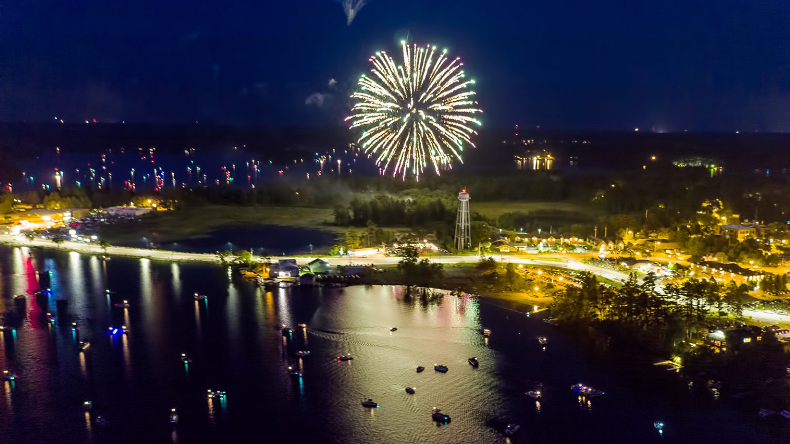Aerial photo of fireworks over water