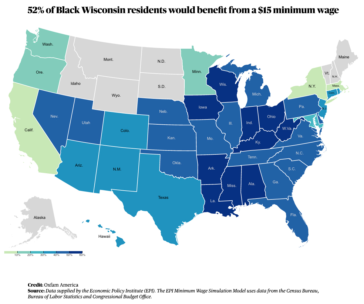 Map showing percenage by state of Black residents benefiting from a $15 minimum wage