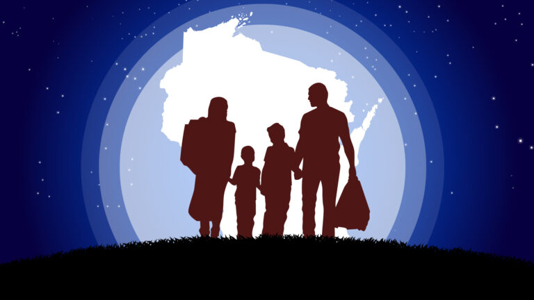 An illustration showing silhouettes of four figures walking toward an moon-style outline of Wisconsin.