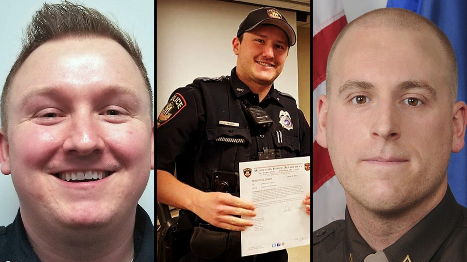 A photo collage showing, left to right, a portrait of Officer Riley Schmidt, Officer Jacob Ungerer holding a letter, and a portrait of Officer Ben Dolnick.