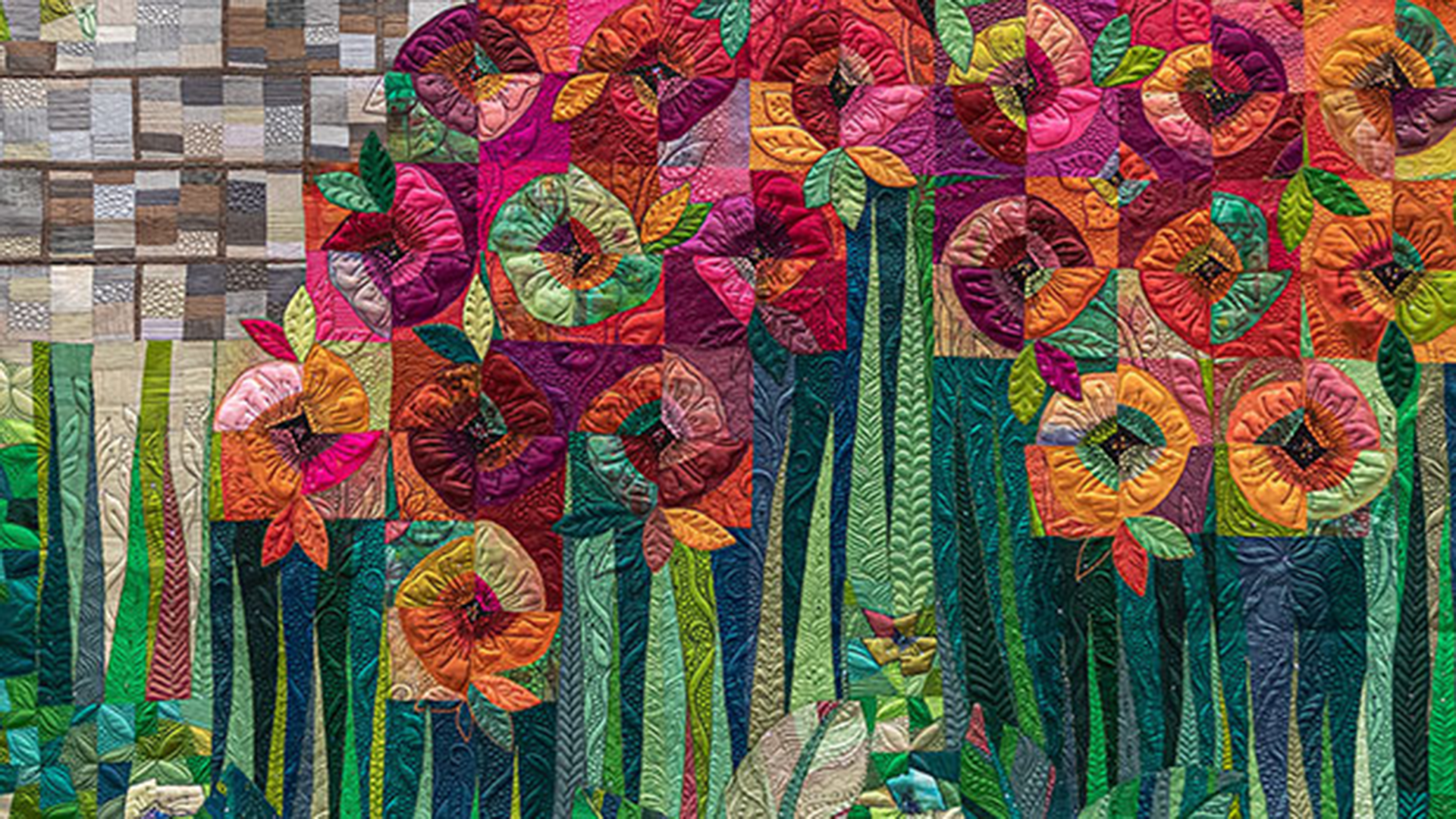 A close-up shot of a floral quilt