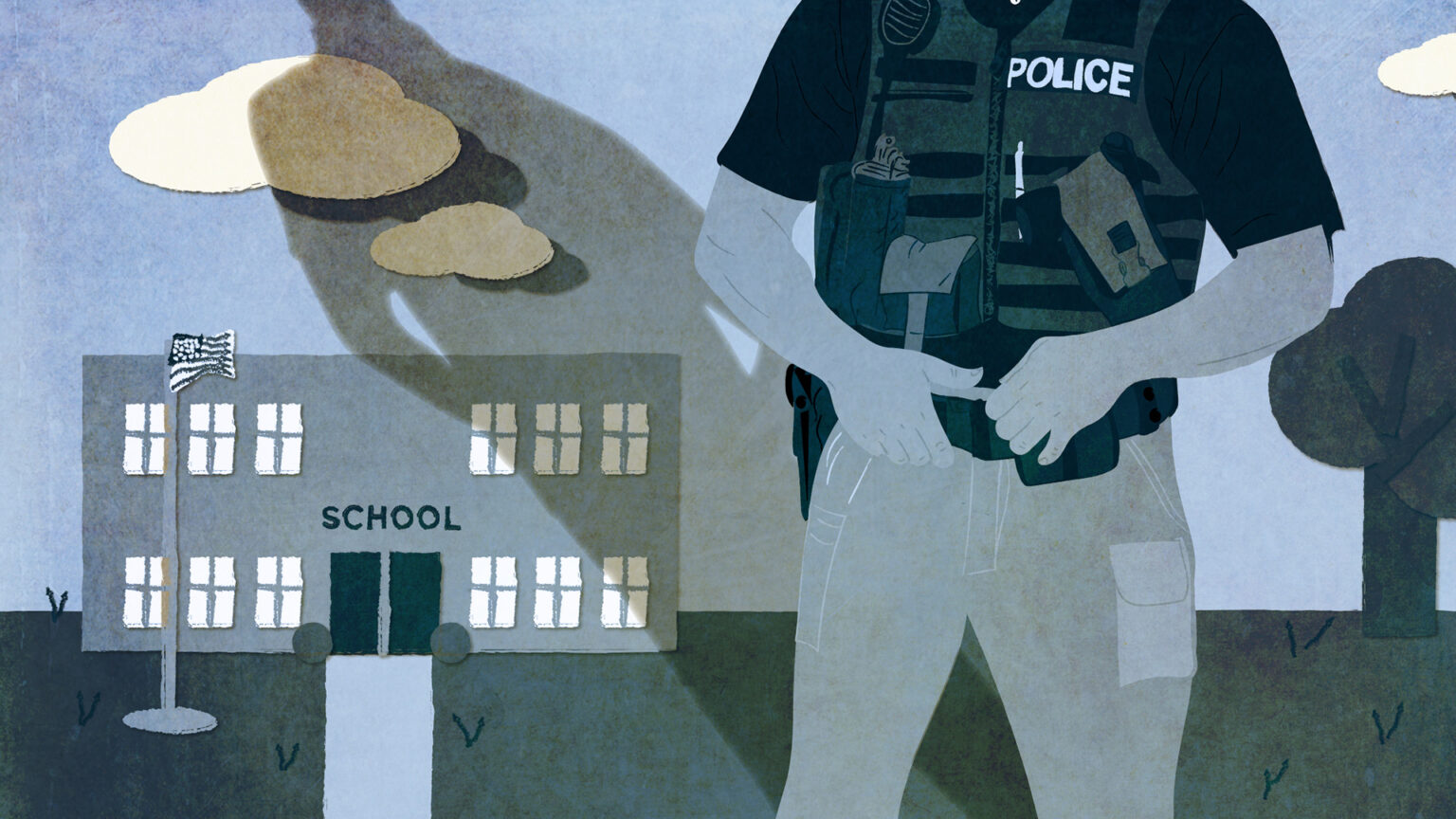 Illustration of a police officer in a vest and a shadow looming over a square building with a flagpole and sign reading SCHOOL.