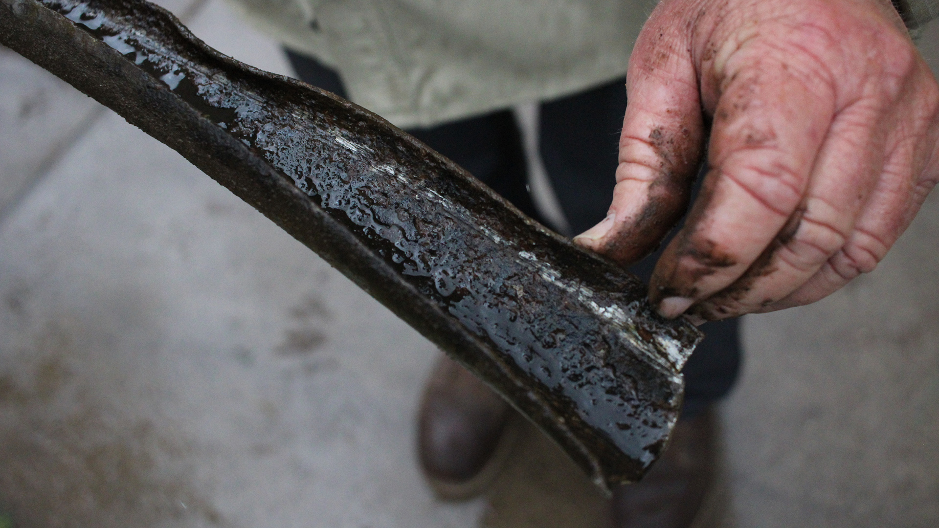A worker shows a mud covered lead pipe removed from a property.