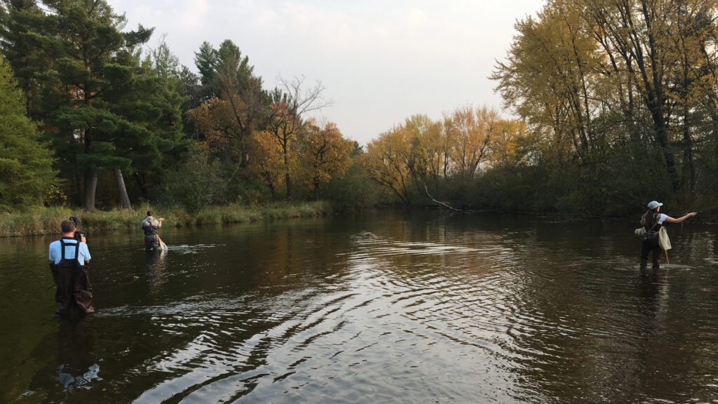 A camera man filming fly fishers in a river