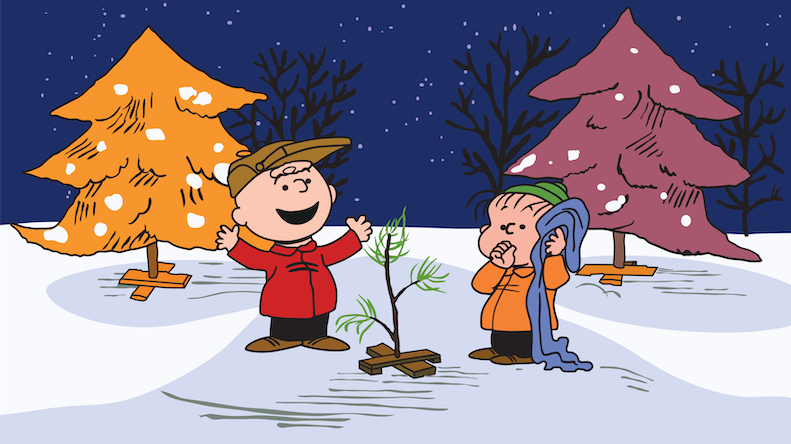 charlie brown and snoopy with small pine tree