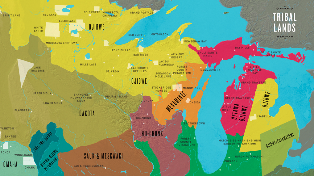 A colorful map of Native American tribal territories in present-day Wisconsin and surrounding areas