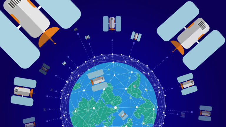 An illustration showing satellites pointed toward an upside-down Earth surrounded by a dot-and-spoke matrix.