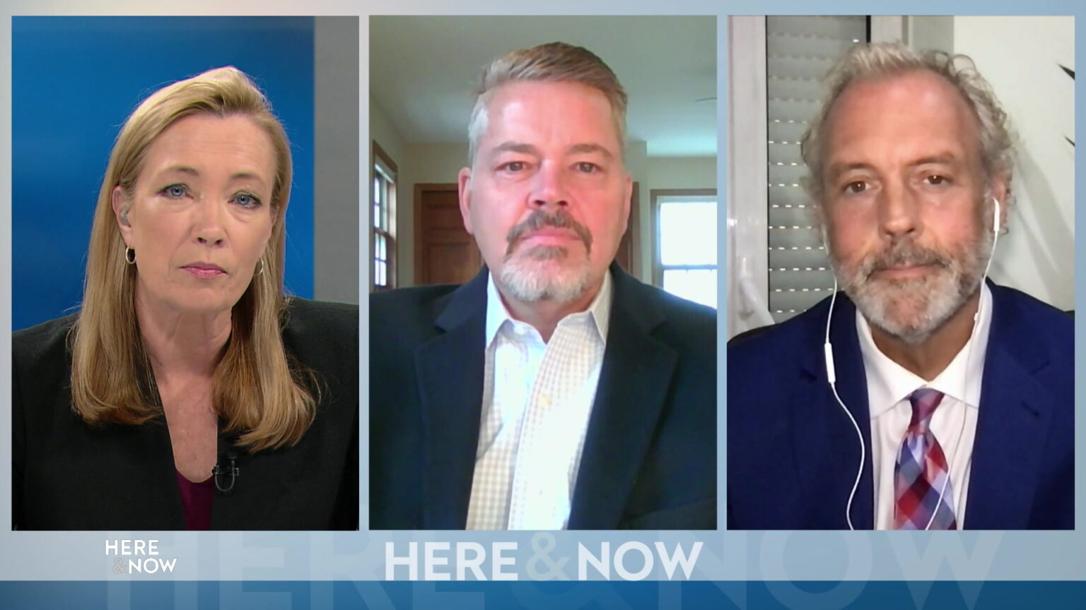 From left to right, a split screen with Frederica Freyberg, Bill McCoshen and Scot Ross seated in different locations