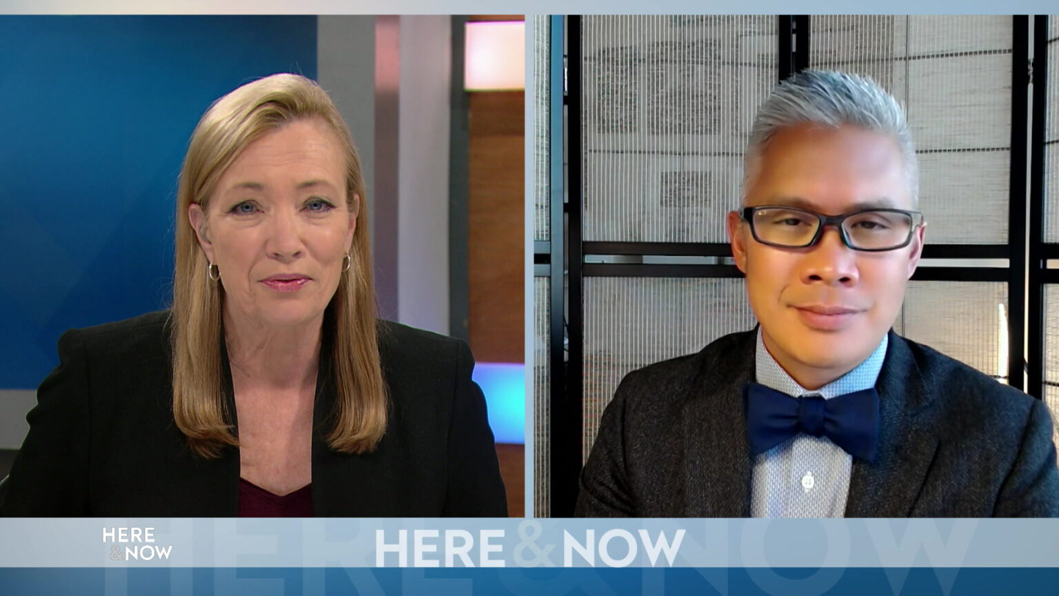 From left to right, a split screen with Frederica Freyberg and Dr. Greg Vanichkachorn seated in different locations