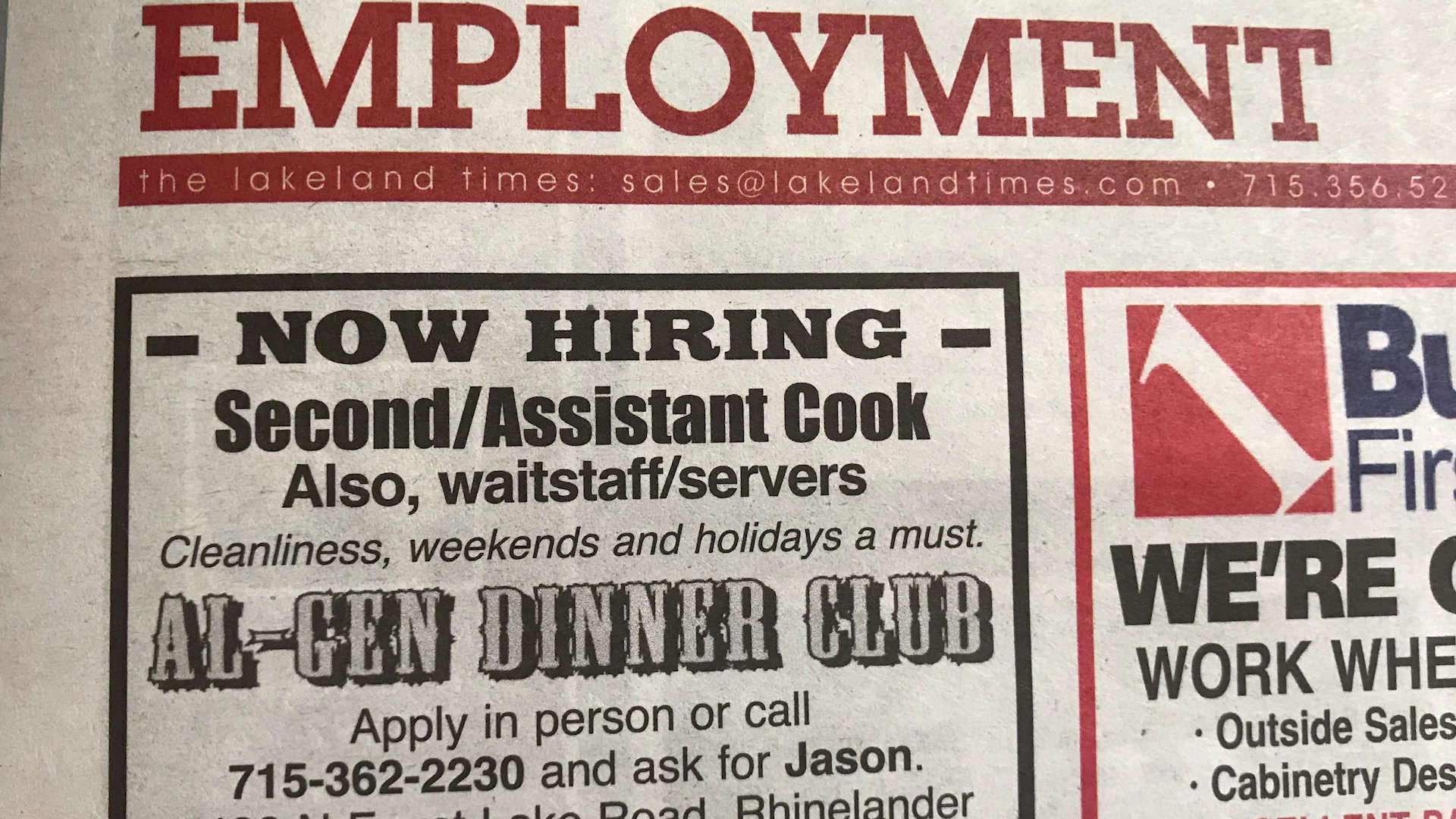 A newspaper job ad for Al-Gen Dinner Club reads "Now Hiring: Second/Assistant Cook also, waitstaff/servers: Cleanliness, weekends and holidays a must."