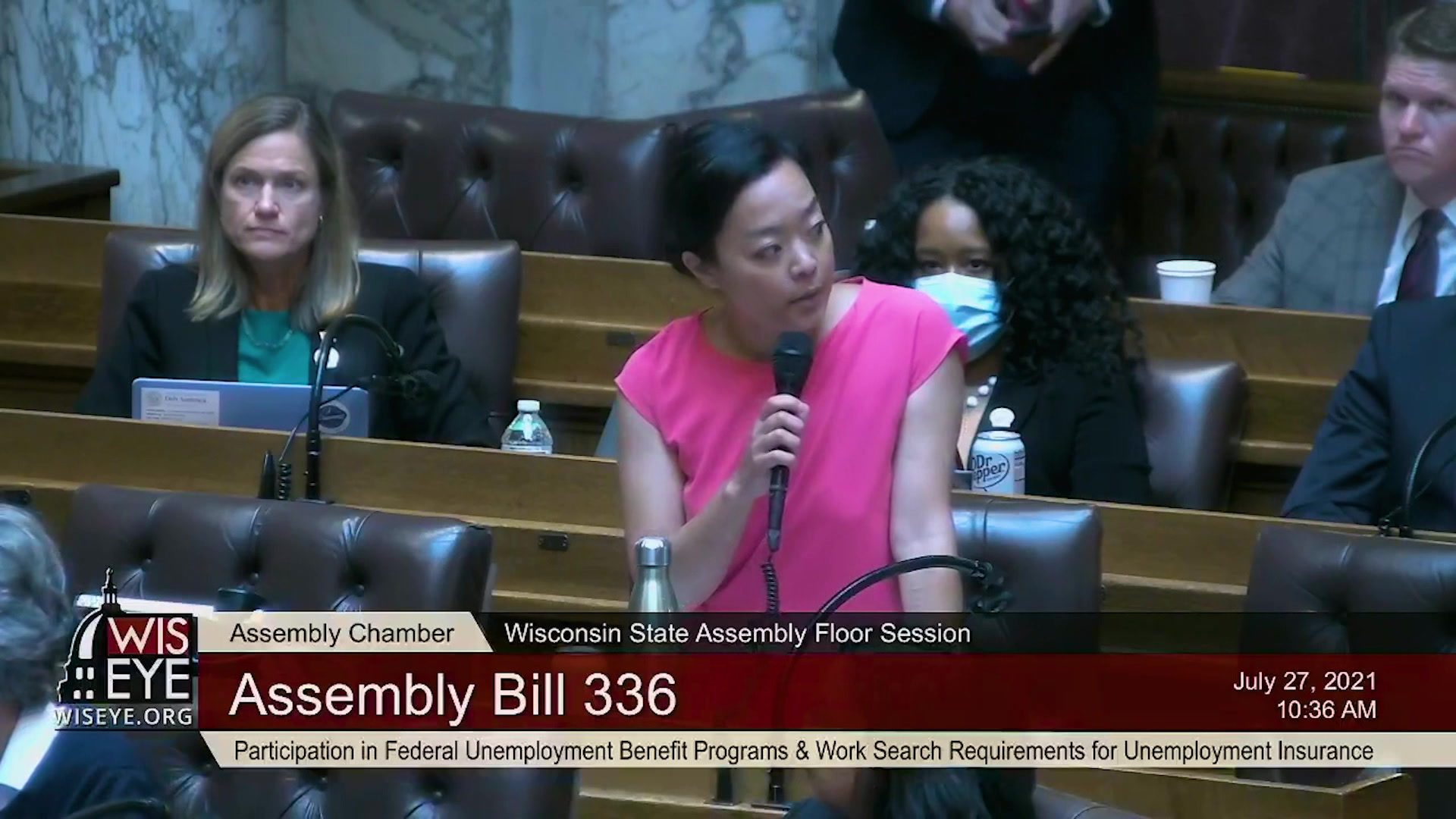Francesca Hong holds a microphone and speaks in the Wisconsin Assembly chambers.
