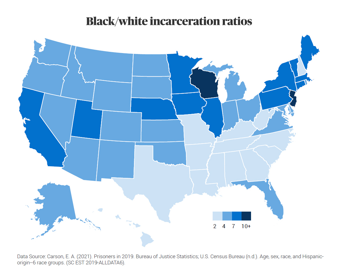 A heat map of the United States shows black-white incarceration ratios by state.