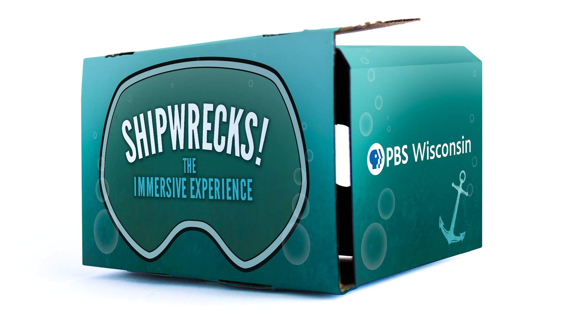 A sea green cardboard virtual reality ("VR") viewer with an illustration of diving goggles and the work Shipwrecks! overlaid