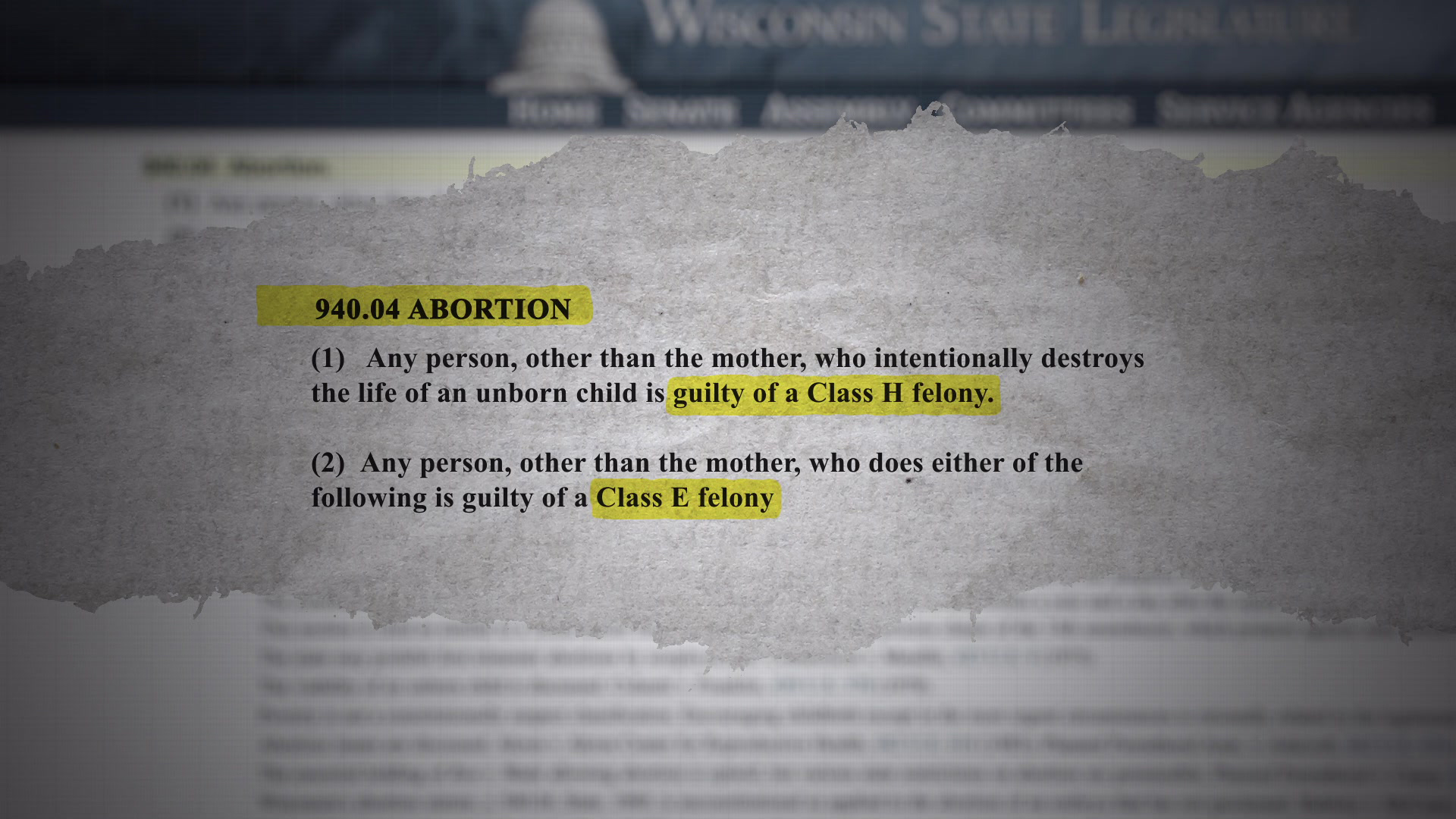 A graphic shows the text of Wisconsin Statute 940.04, which reads, "ABORTION: (1) Any person, other than the mother, who intentionally destroys the life of an unborn child is guilty of a Class H felony. (2) Any person, other than the mother ,who does either of the following is guilty of a Class E felony."
